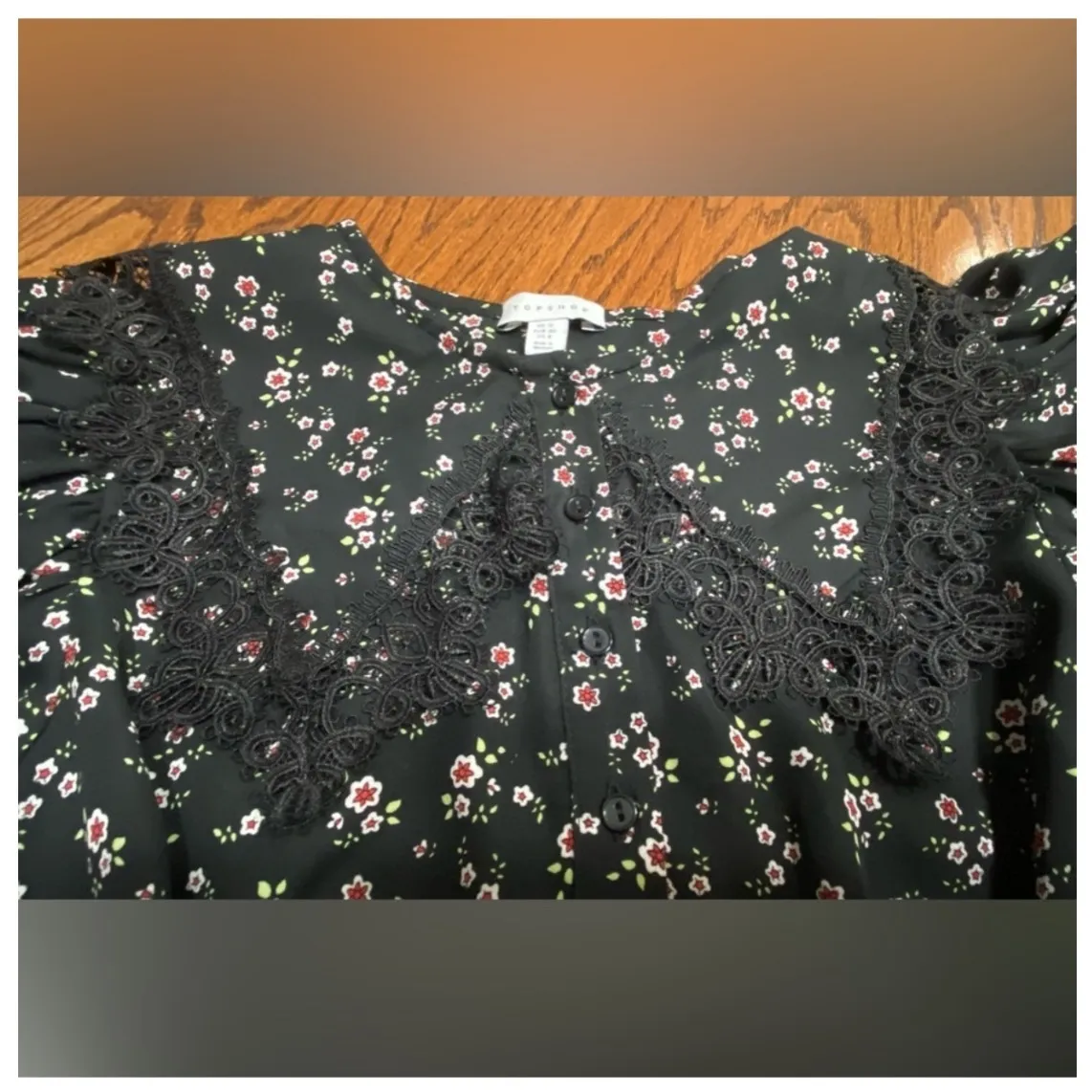 Topshop Mini Dress Womens 8 Black Floral Long Sleeve Ruffle Collar - Image 8