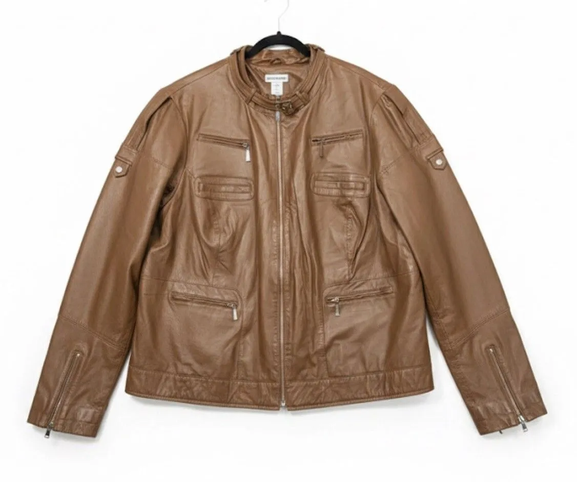 Jessica London Women's Brown 100% Leather Biker/Moto Jacket - Size 28 Plus - Image 1