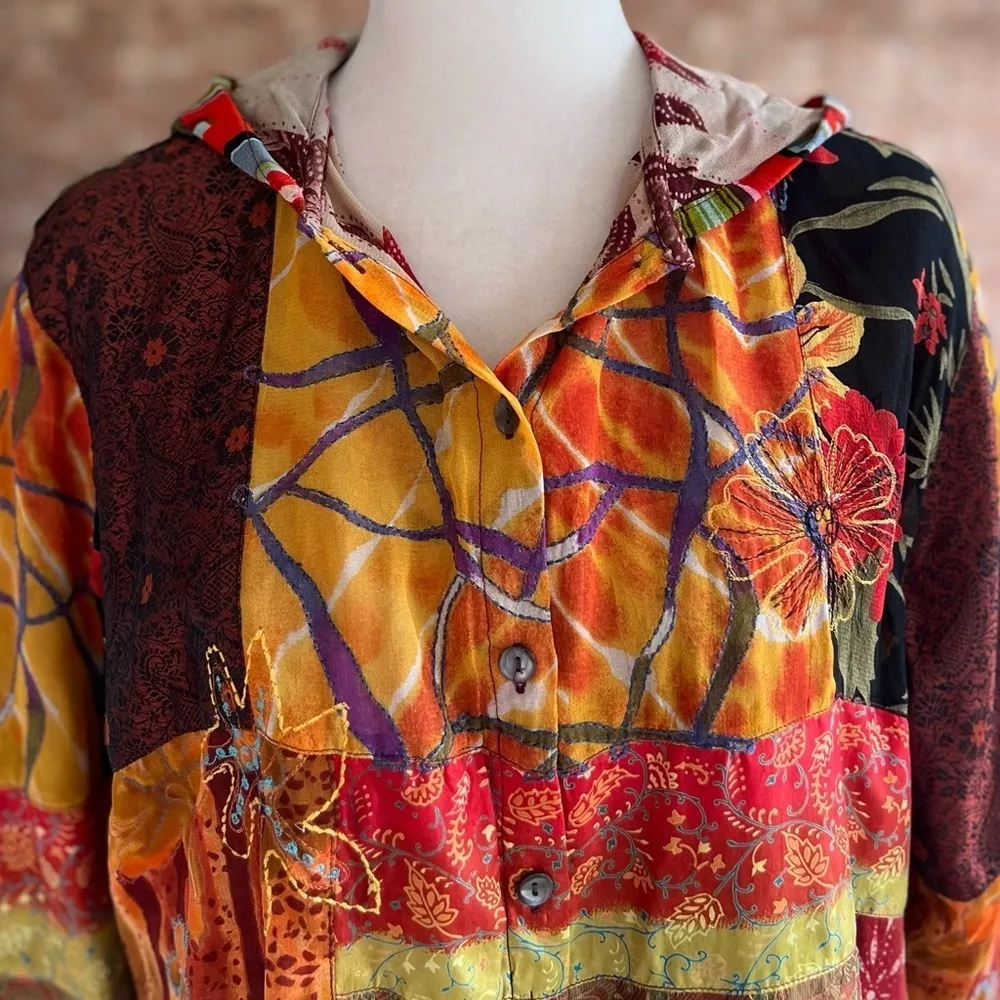 Chico’s Jacket Orange Multi Patchwork Hooded Embroidered M Boho Concert Chic Mod - Image 3