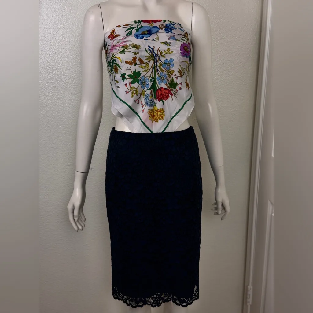 Tory Burch Size 2 Green Navy Lace Pencil Skirt Scalloped Embroidered Floral Slit - Image 6