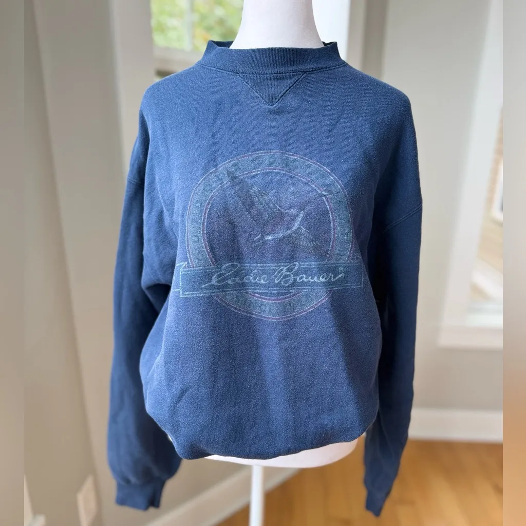 Vintage Eddie Bauer Navy Blue Duck Logo Mockneck Cotton Sweatshirt Size Medium - Image 2