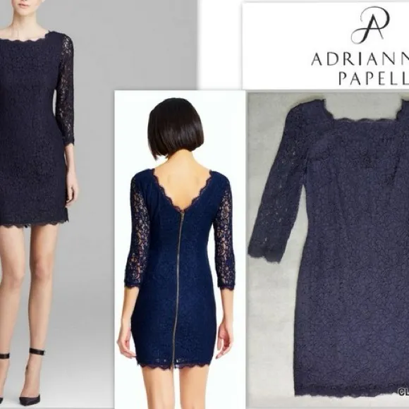 Adrianna Papell Navy Lace Sheath Dress 14 NWT Scallop Neck 3/4 Sleeve - Image 2