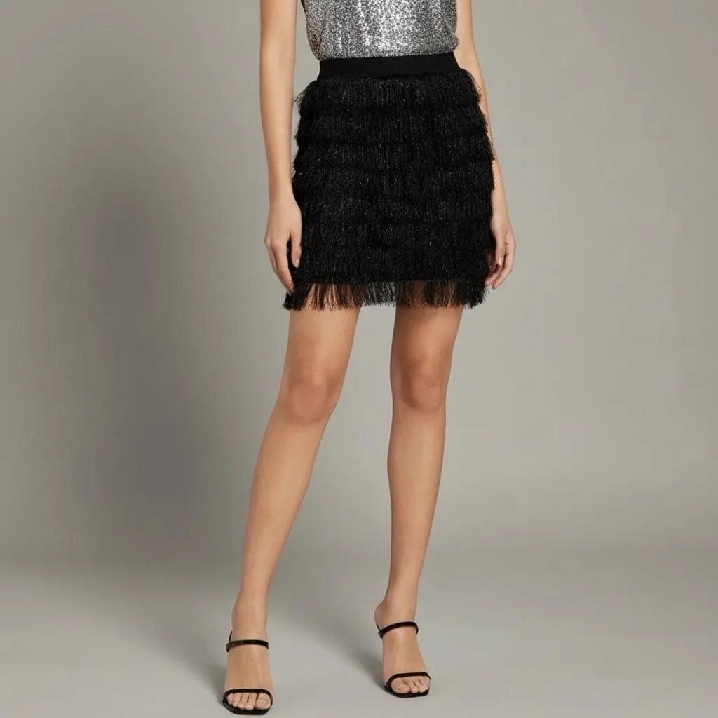 BCBGMAXAZRIA Fringe Mini Skirt Black metallic threads fairy whimsical goth Sz L - Image 3