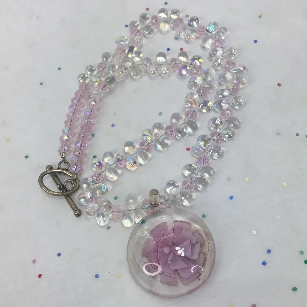 Artisan Hand blown Pendant clear glass pink flower crystal beaded necklace 18" - Image 5