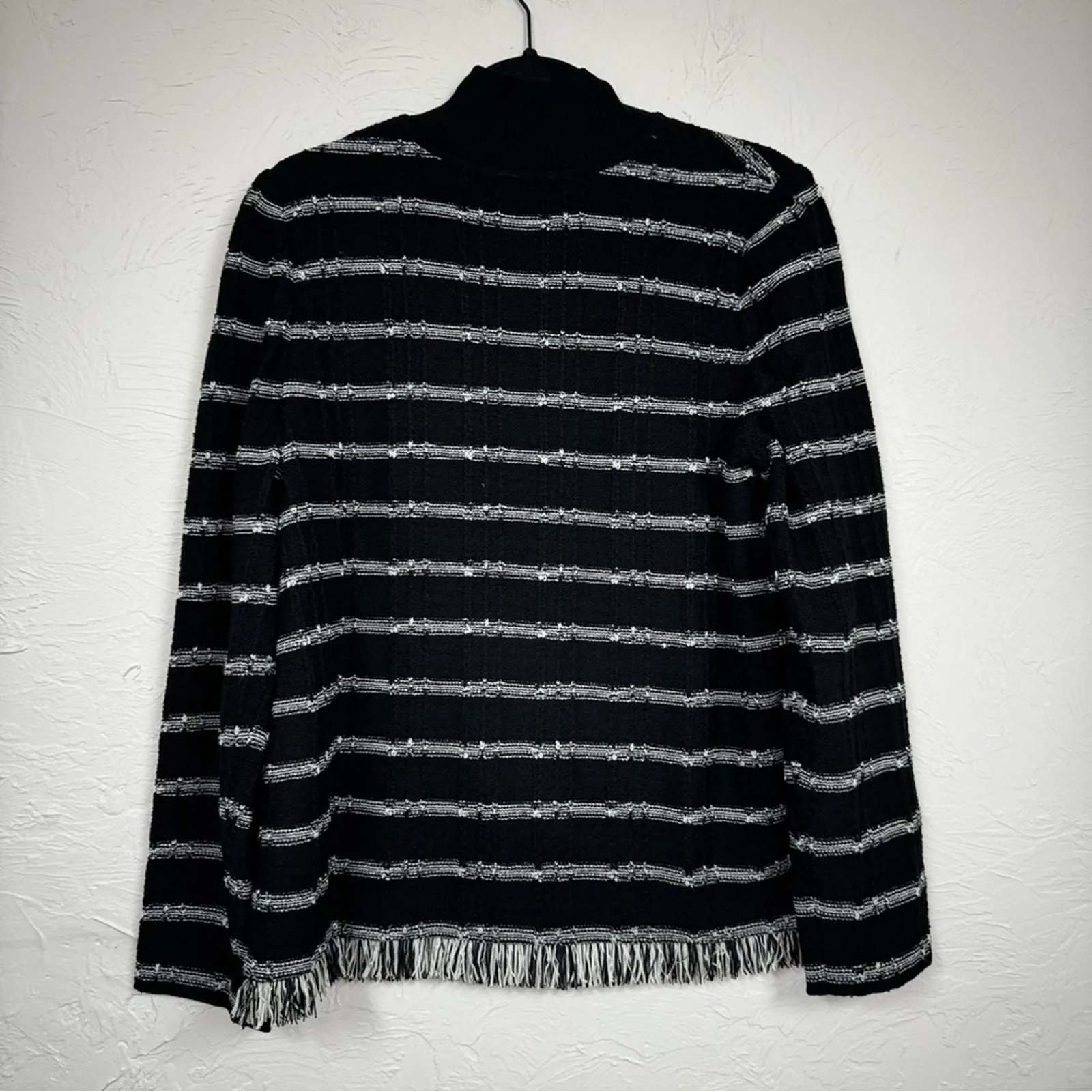 Ming Wang Black White Chunky Knit Sweater Womens M Fringe Preppy Pullover Mock - Image 9