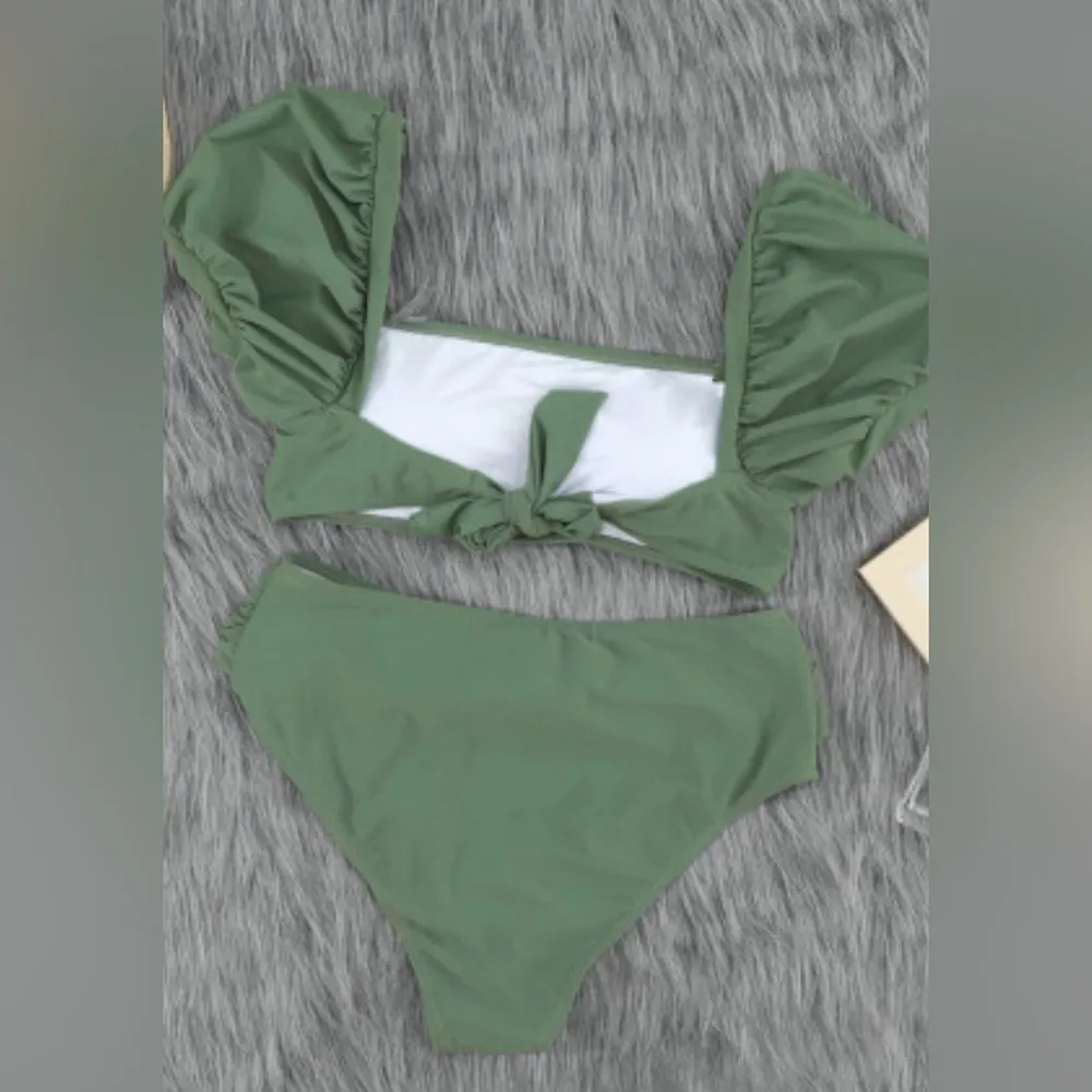 Olive Green 2 Piece Bathing Suit Bubble Sleeve Top High Waisted Belted Bottoms Size XL - Image 8