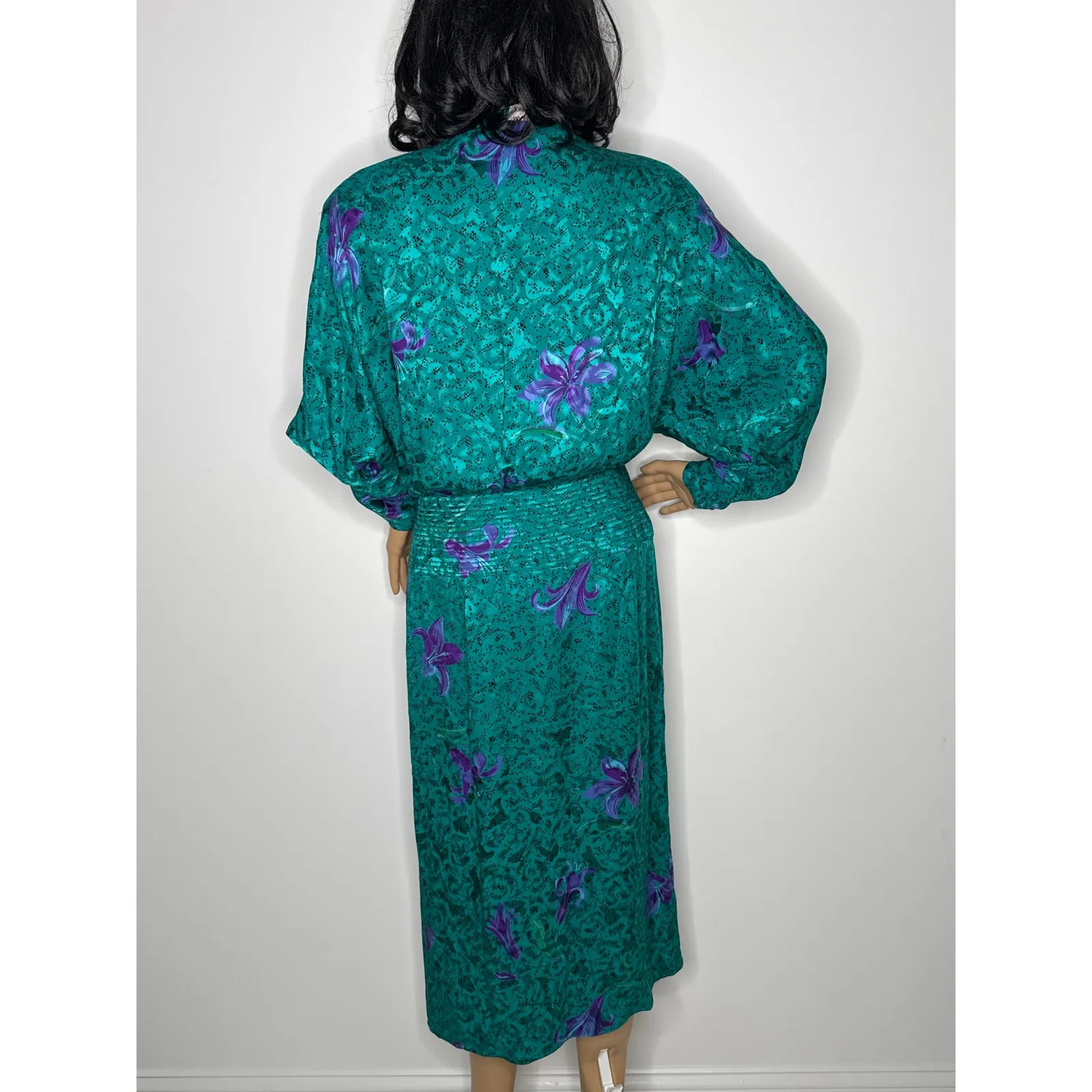 Vintage Maggy London by Jeannene Booher 80s Teal Silk Floral Midi Dress medium - Image 5