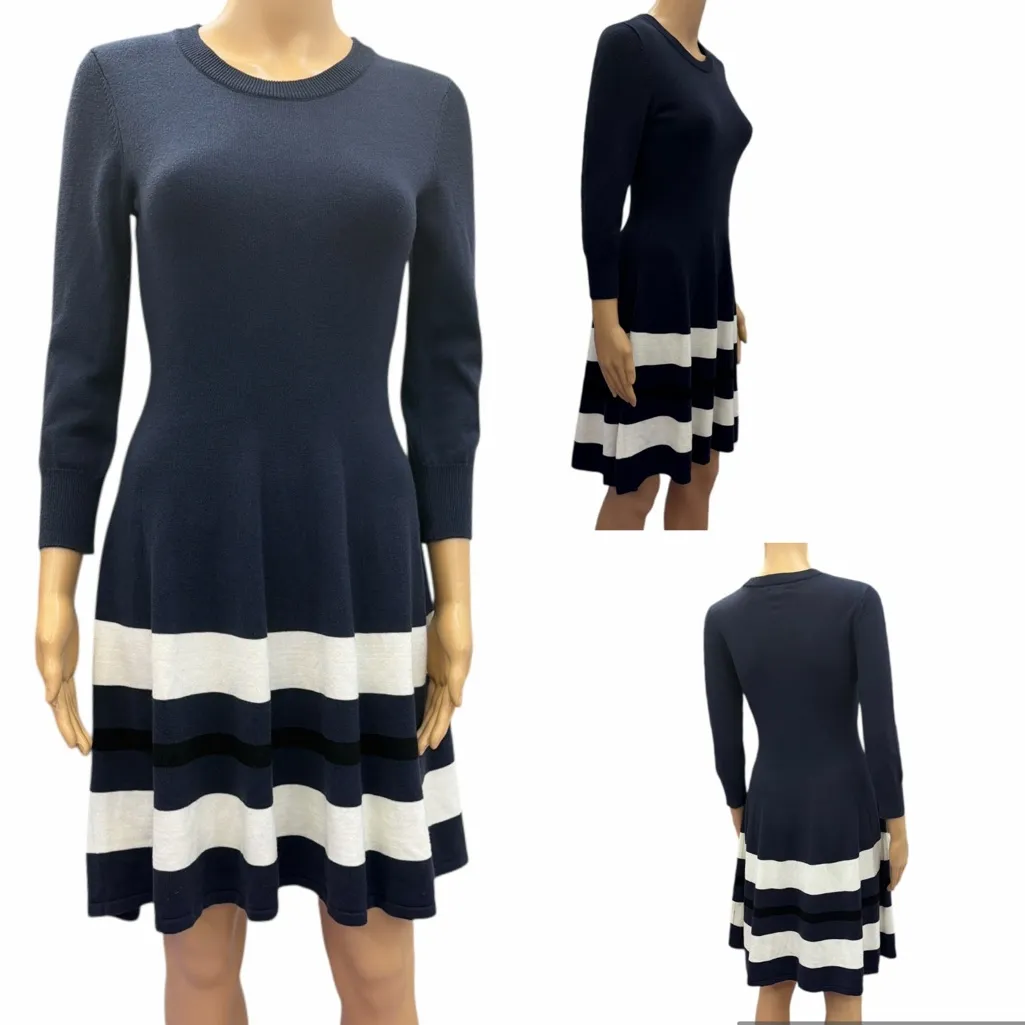 Vince Camuto Navy Striped Fit & Flare Sweater Dress Womens Small - Image 2