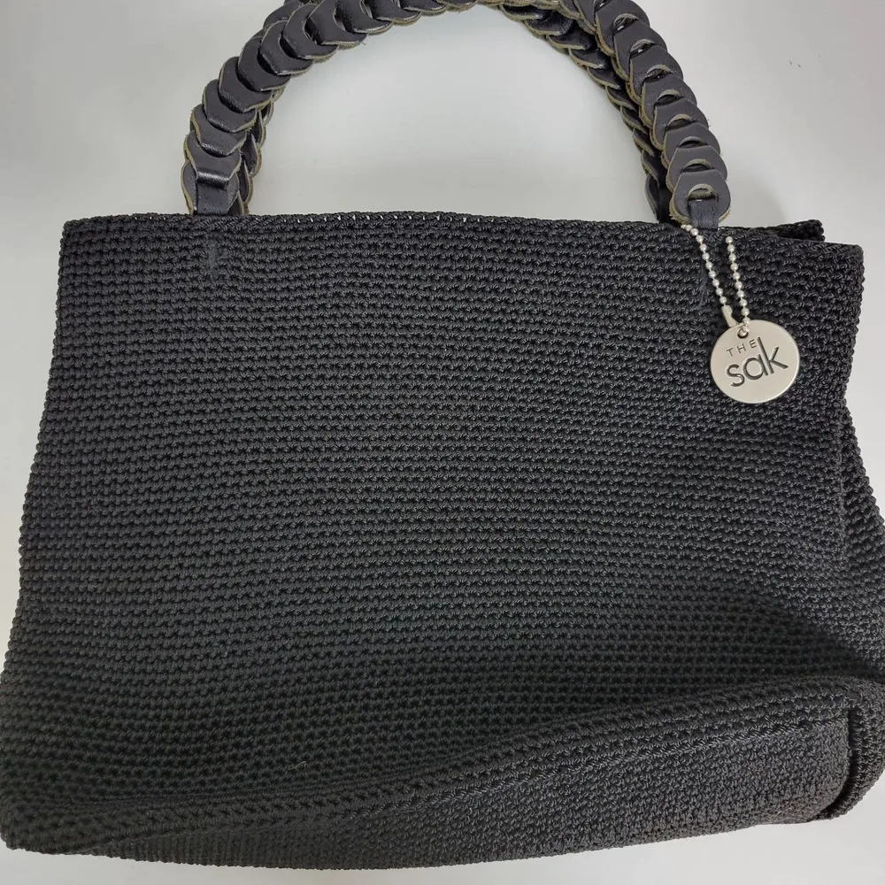 The Sak Womens Shoulder Bag One Size Black Double Leather Handle Crocheted Purse - Image 3