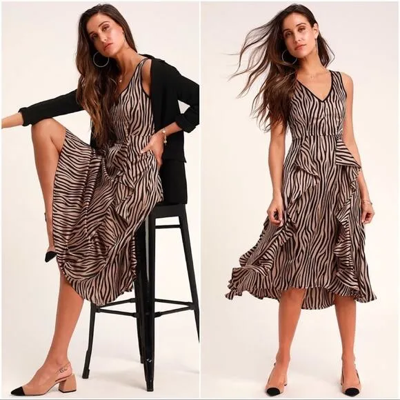 NEW Lulus Dress Tan, Black Zebra Print Ruffled Sleeveless Satin Midi Women’s S - Image 2