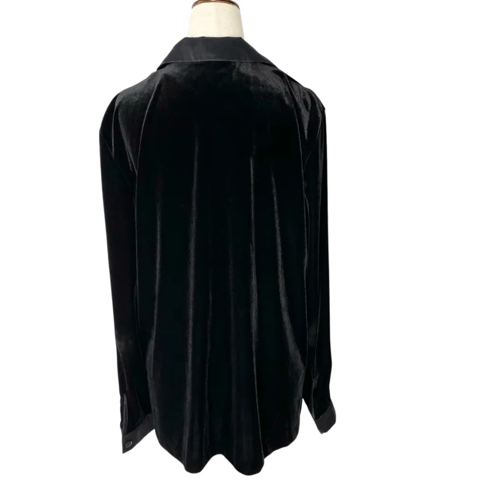 VINTAGE 90s ELLEN FIGG Black Velvet Shirt with Satin Trim Size 12 - Image 6
