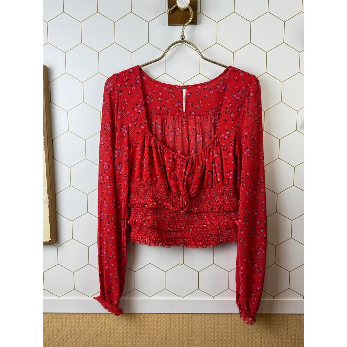 Free People Red Floral Lolita Peasant-Style Smocked Top - Size - Small - Image 6