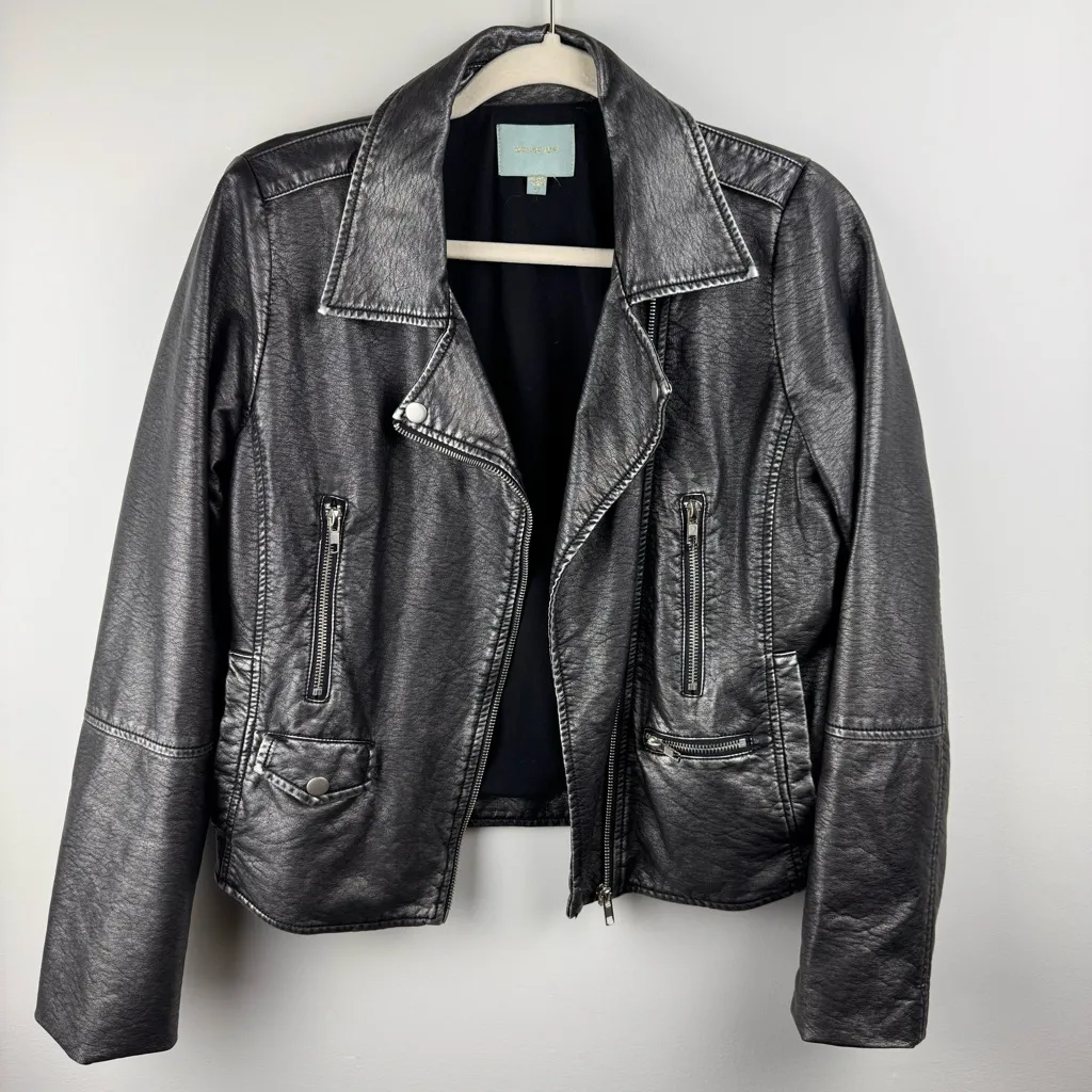 Skies Are Blue Vegan Leather Moto‎ Biker Jacket Sz M Black Asymmetrical Zipper - Image 11