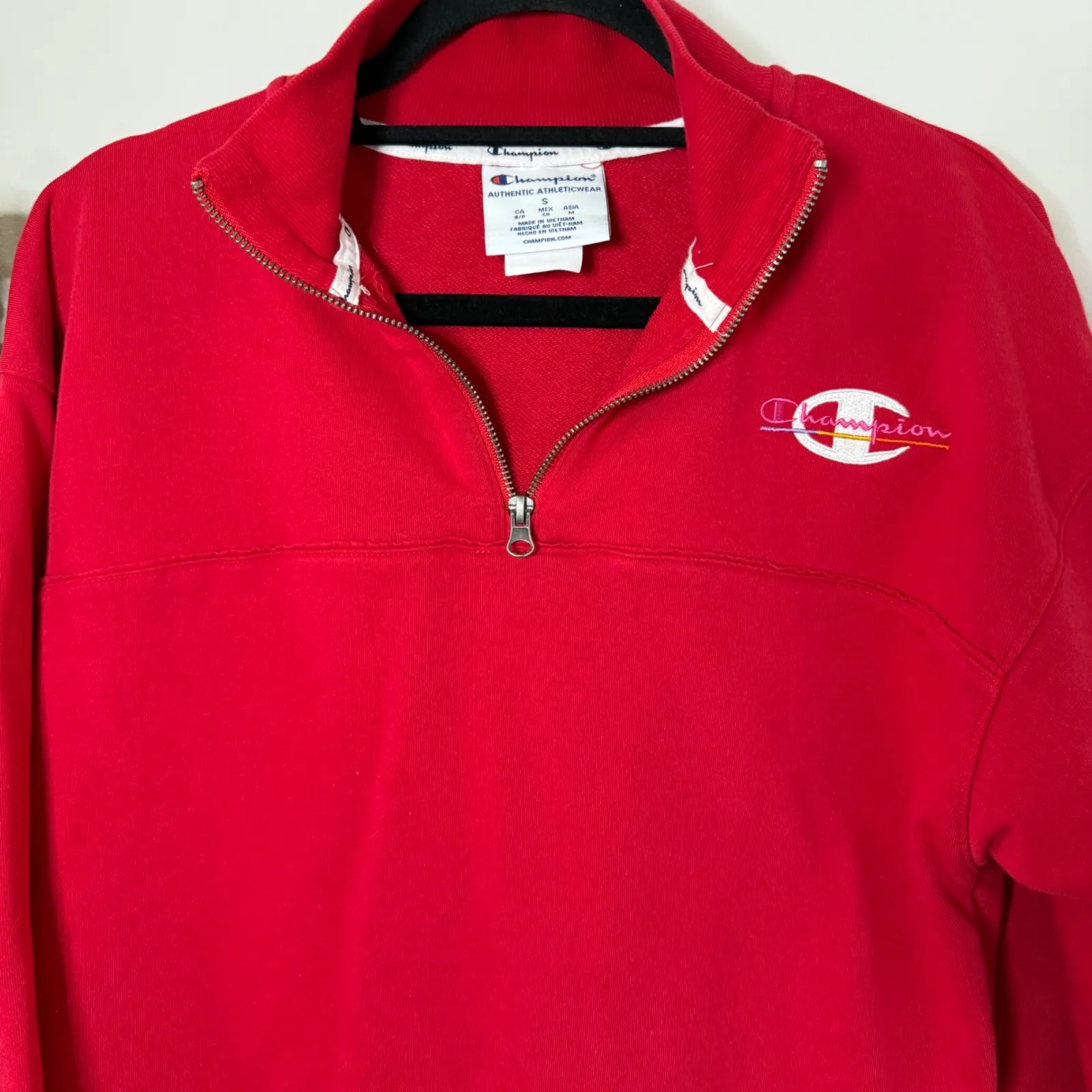 Champion Red Quarter Zip Sweatshirt Logo Athletic Pullover Top Women Small - Image 4