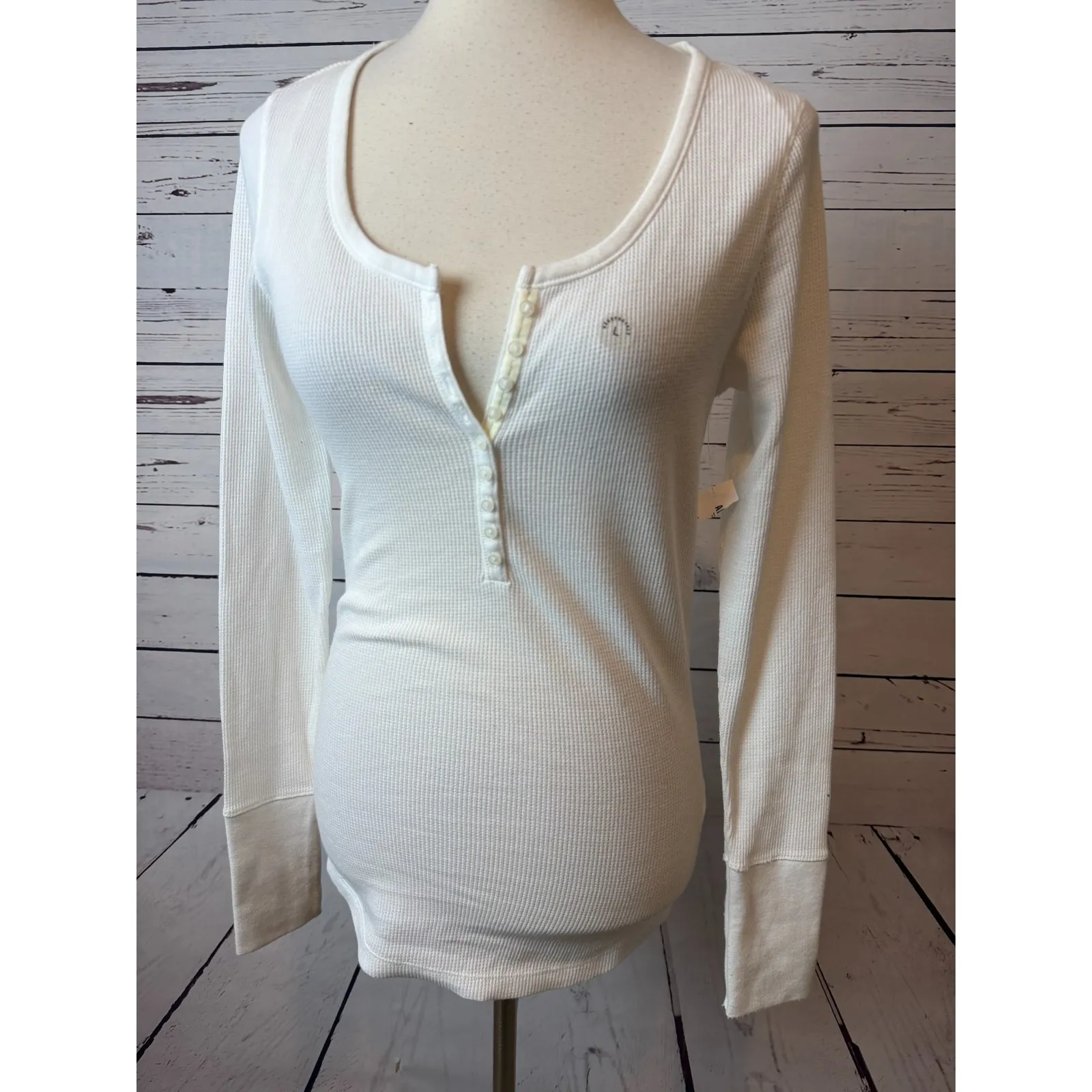 Aeropostale Thermal Waffle Knit Y2K Henley Top Womens Large White Bella Swan - Image 2