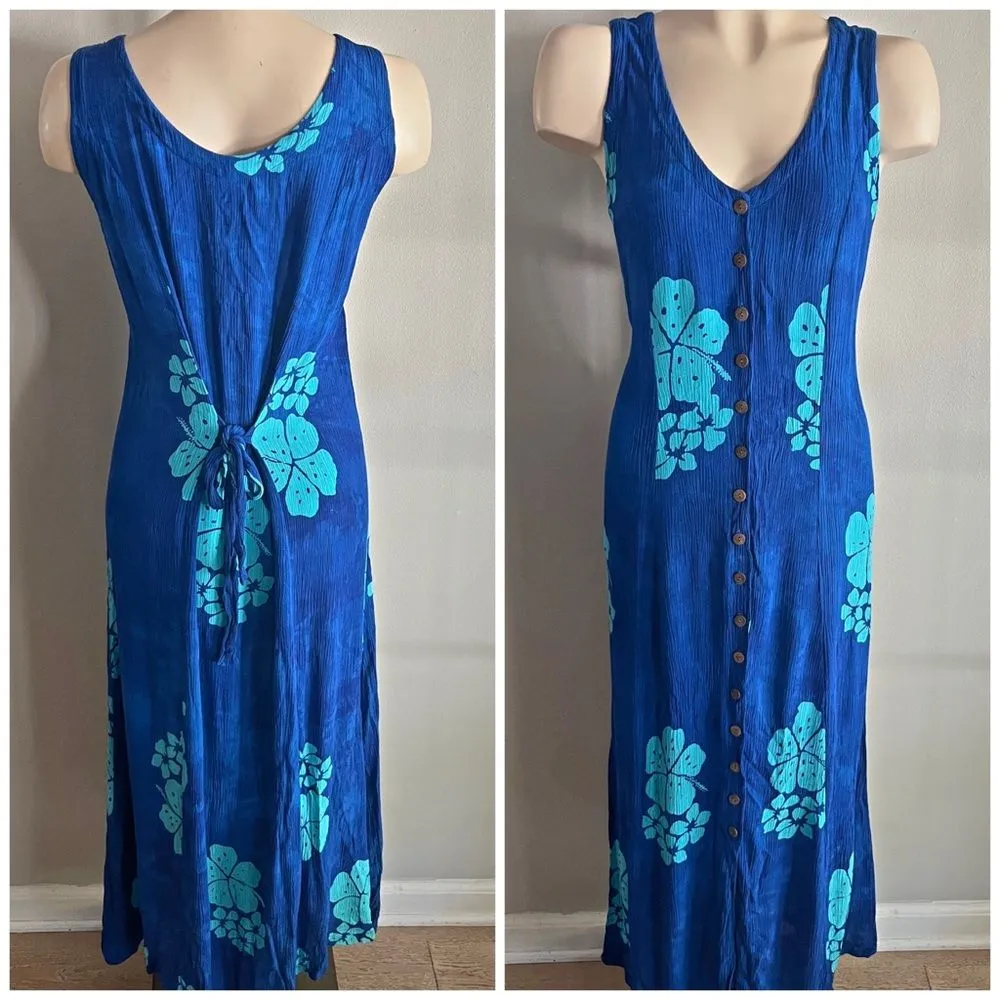 Vintage Jon Wenger Hawaiian Blue Floral Button Front Midi Dress M Rayon Size M - Image 2