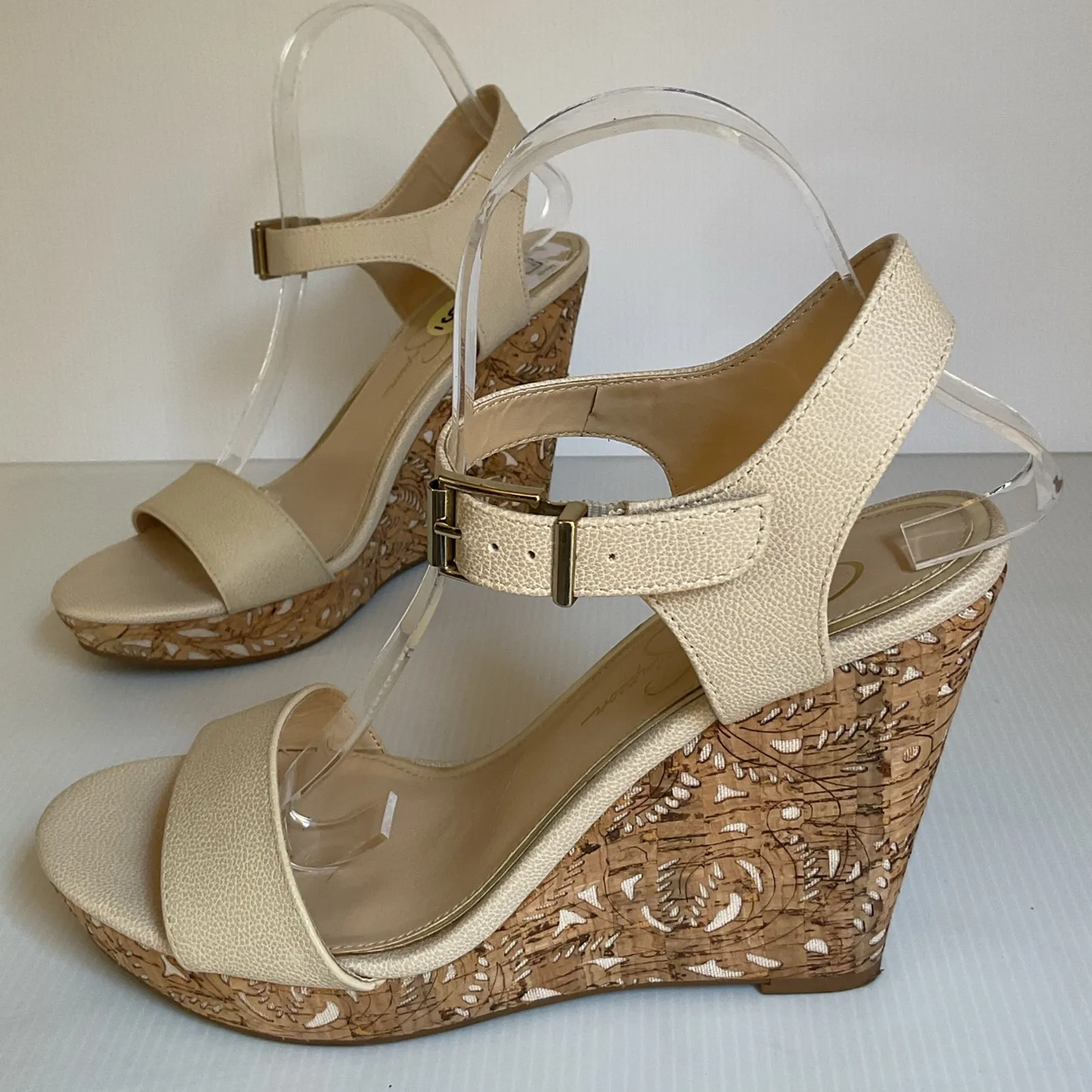 Jessica Simpson Cork Wedge Heels Size 9M Beige Ankle Strap Sandals Floral - Image 2