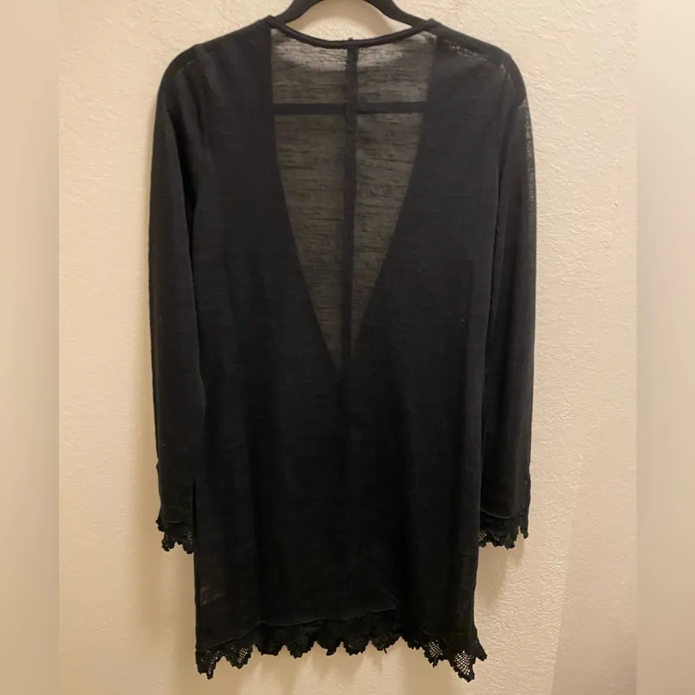 Free People Black Sheer Lace Detail Long Line V-Neck Button Down Cardigan Size M - Image 10