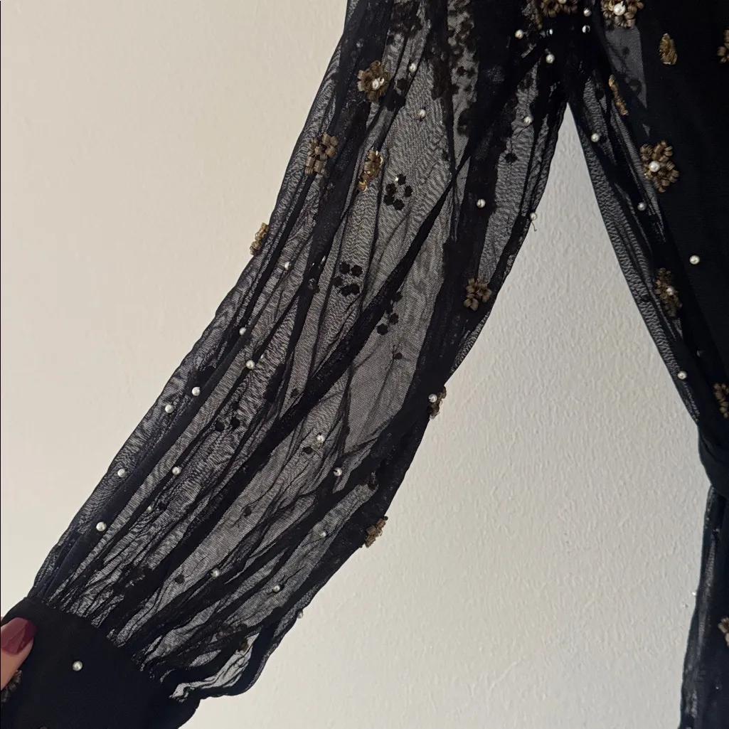 FARM RIO Black Embroidered Tulle Overlay Belted Long Sleeve Mini Dress,Small,398 - Image 16