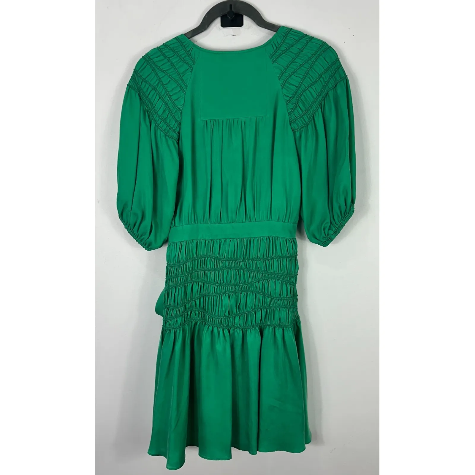 Ted Baker Green Babydoll Mini Dress Womens 1 Small Vegan Silk Smocked Feminine - Image 2