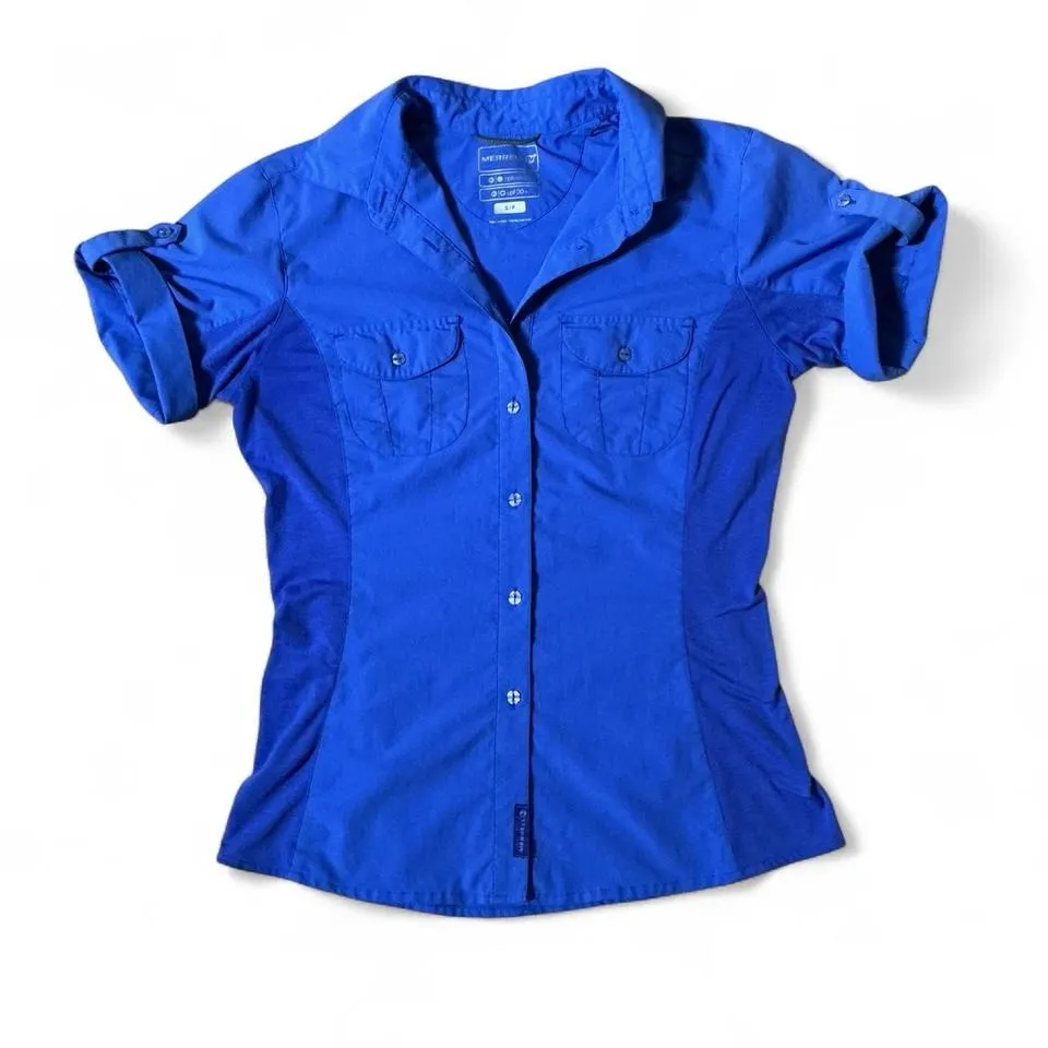 Merrell Womens Blue Short Sleeve Button Up Outdoor Shirt Top UPF 30 Plus Size S - Image 1