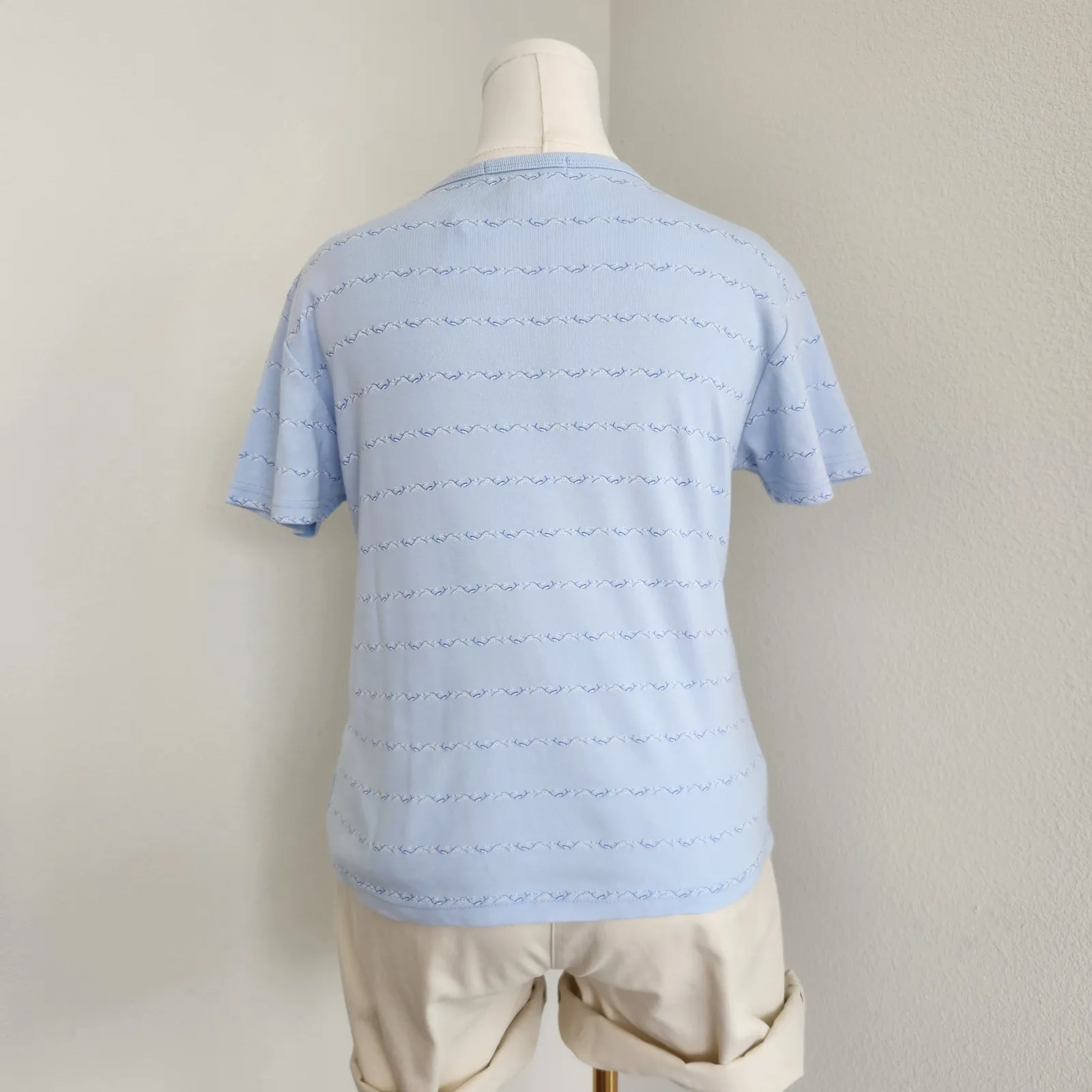 Y2K Eddie Bauer Pastel Blue Floral Embroidered Short Sleeve Cotton T-Shirt L - Image 6