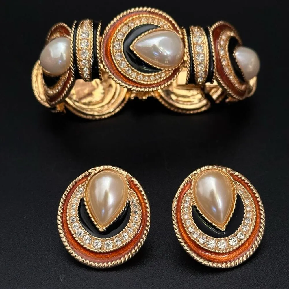 Vintage 90’s Jackie Orr Spanish Style Black & Copper Pearl & CZ Set Gold - Image 6