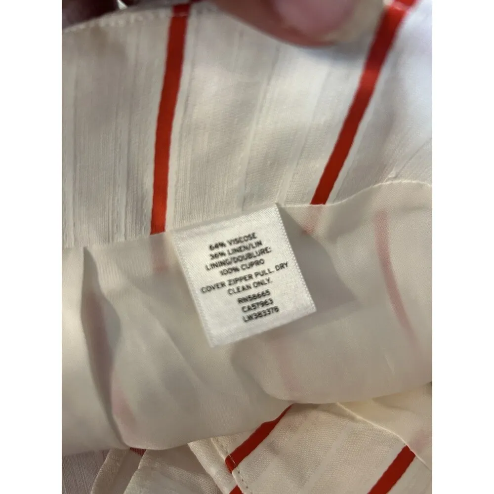 LEWIT Size 14 FAUX WRAP RED POPPY KIEV STRIPE LINEN BLEND ASYMMETRICAL SKIRT White - Image 6