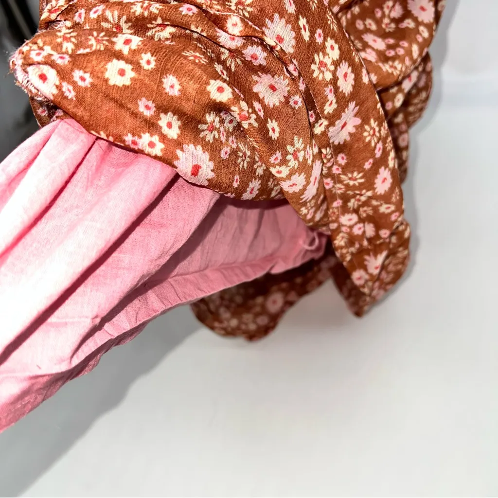 Free People Pink and Rust Brown Floral Ruched Mini Dress with Boho Feels-Size S - Image 5