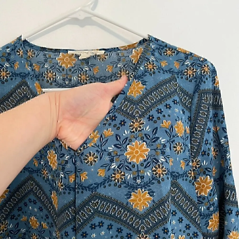 PINK ROSE Blue Mustard Navy Floral Chevron 3/4 Sleeve Roll Tab Sleeve Blouse Top - Image 5