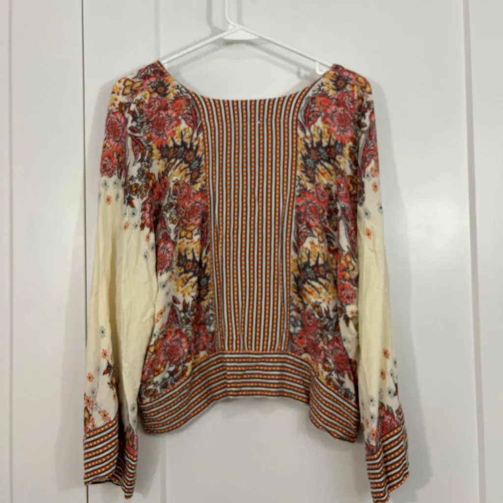 Free People Small Cream Floral Stripe Boho Cropped Long Sleeve Blouse - Image 8