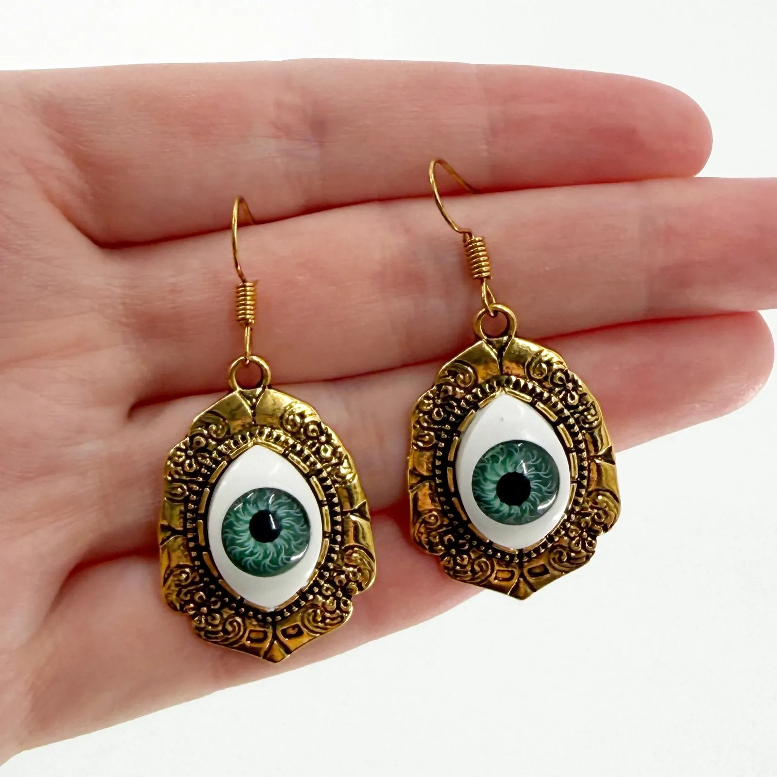 Realistic Resin Domed Eyeball Dangle Earrings Gold - Image 3