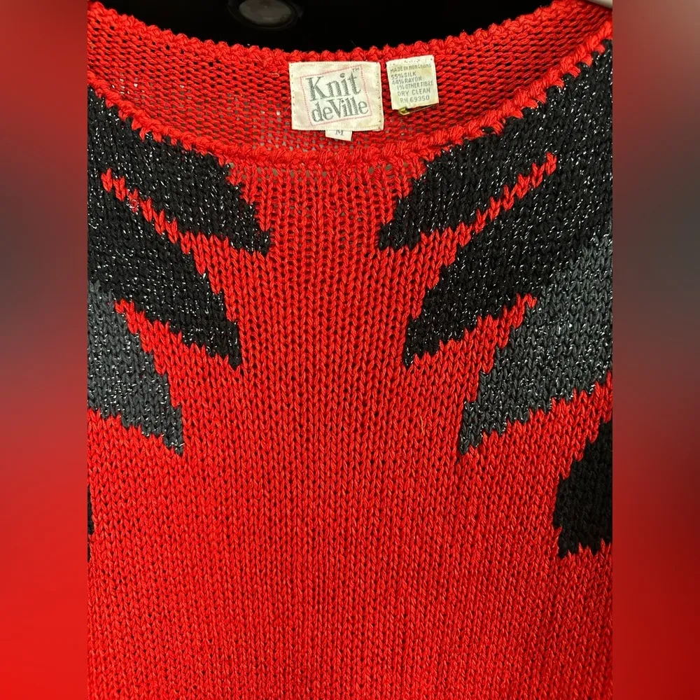 Vintage 80s Funky Glam Jumper Retro Silk blend Knitted Sweater Red Black M goth Size M - Image 2