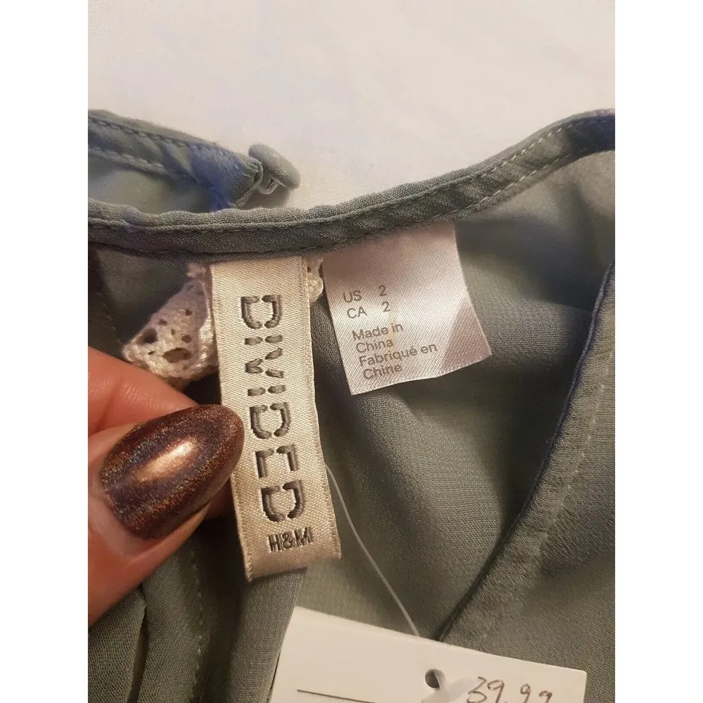 H&M Divided Womens Dress Sz 2 Green Lace Embroidered Sheer Pintuck Southwestern - Image 9