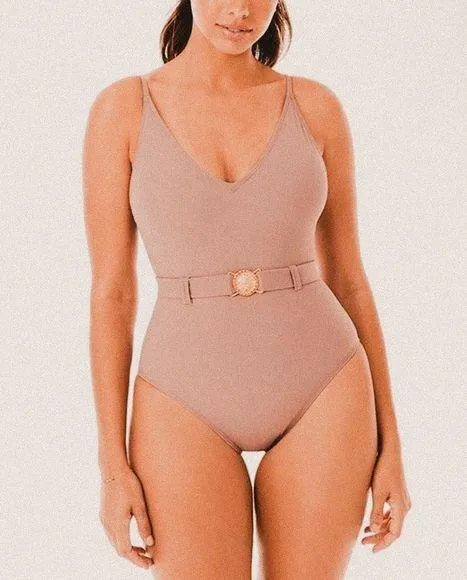 SKINNY DIPPERS by Miraclesuit nude belted medallion one piece simba swimsuit L Tan Size L - Image 1