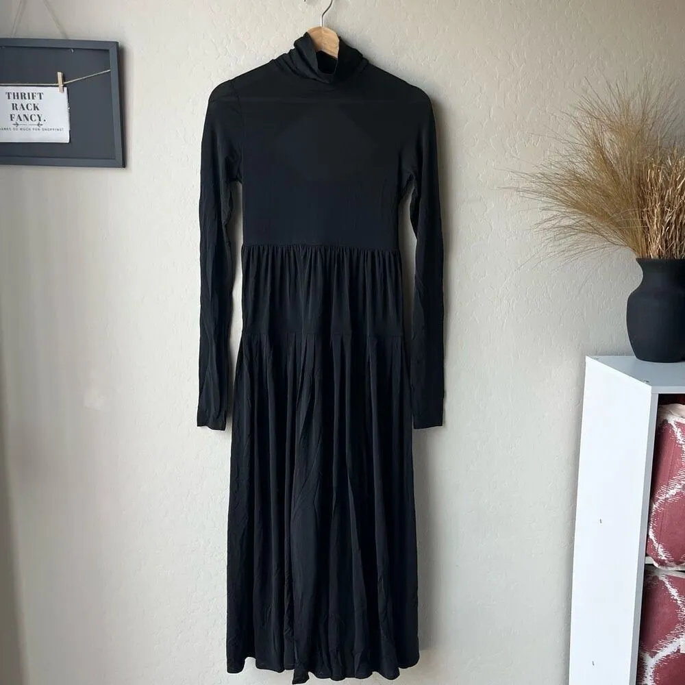 Rebecca Taylor Pleated Knit Mock Neck Open Back Long Sleeve Black Maxi Dress XS‎ - Image 3