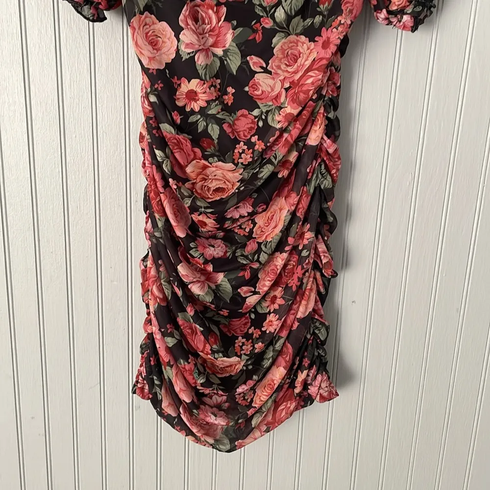 SHEIN Black & Pink Floral Short Sleeve Ruching Body-con Dress | Medium - Image 6