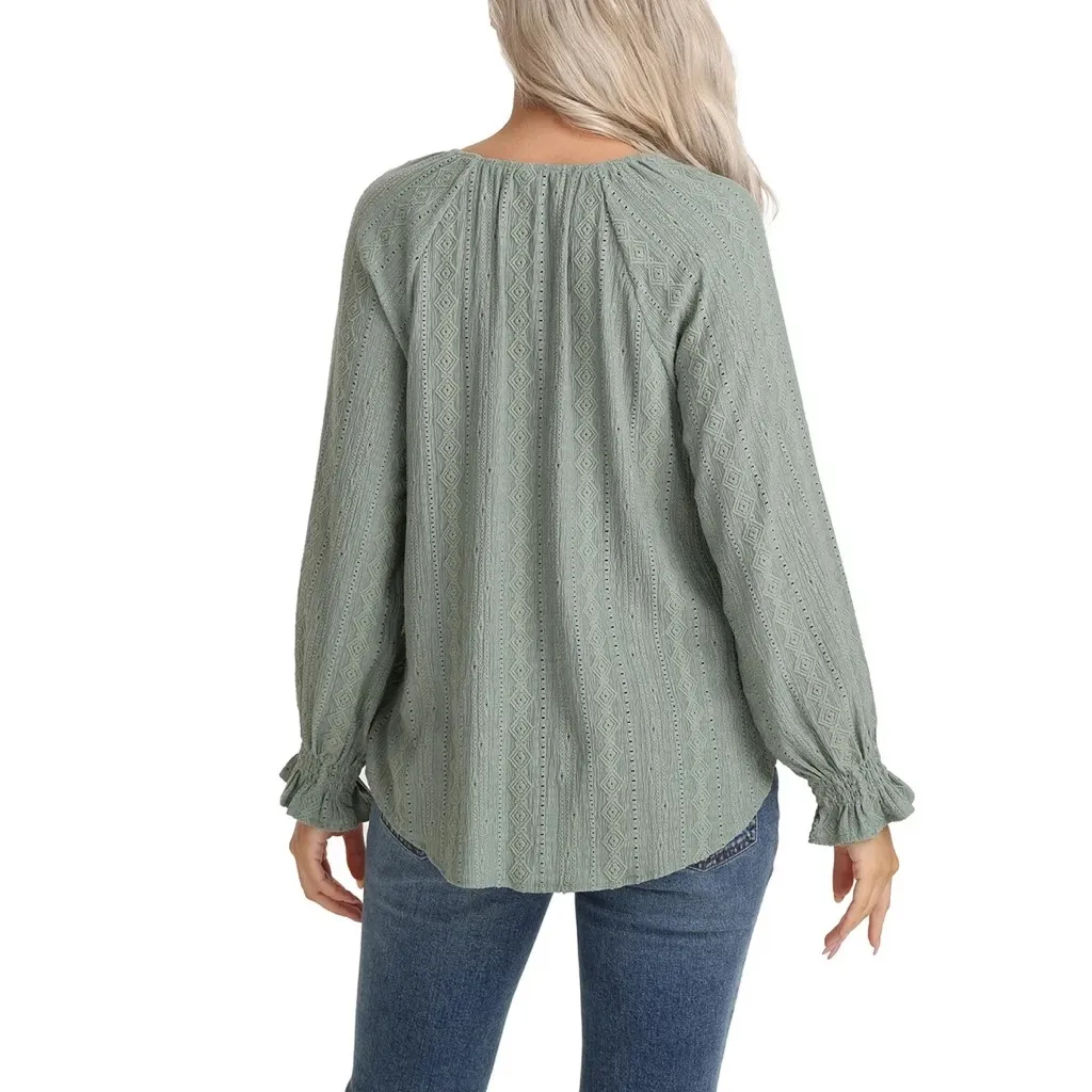 Frye Embroidered Boho Blouse Smocked Cuff Split Neck Green Long Sleeve S NWT - Image 2
