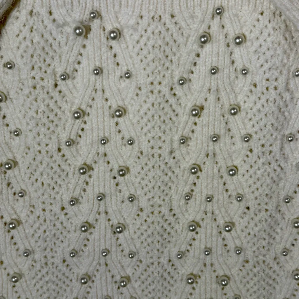 Nanette Lepore Ivory Pearl Embellished Knit Sweater • Luxe V-Neck • Size L - Image 5