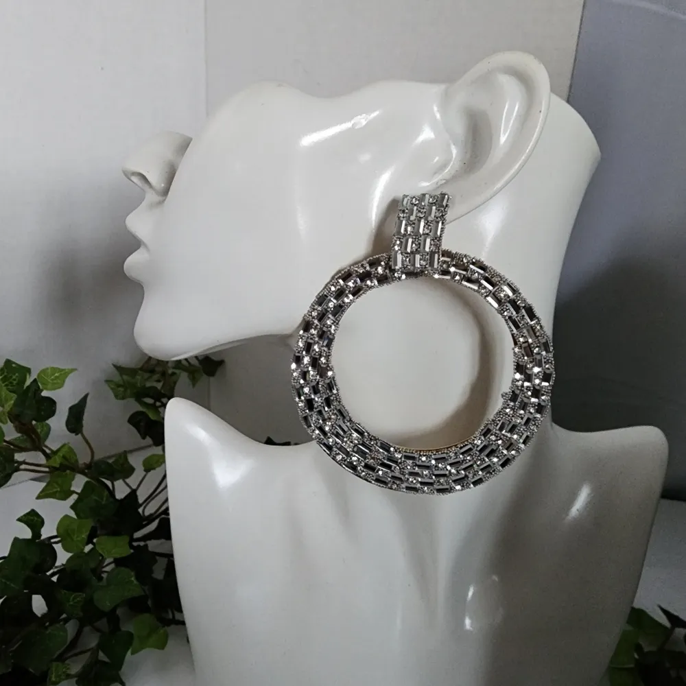 Statement Clear Crystal Covered Hoop Earrings Gold - Image 3