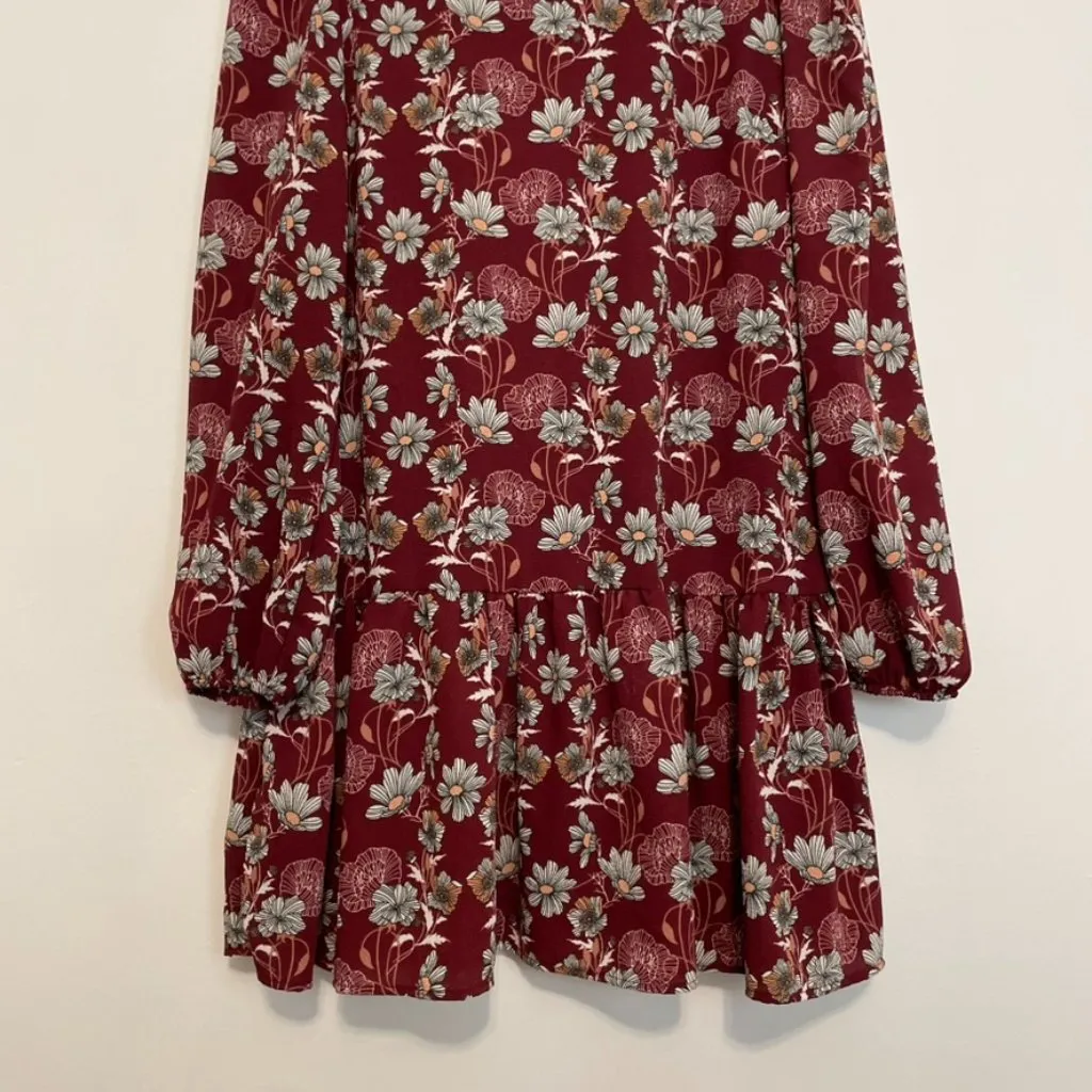NEW NWT CASLON Floral Print Long Sleeve Drop Waist Mini Dress Burgundy Maroon S - Image 6