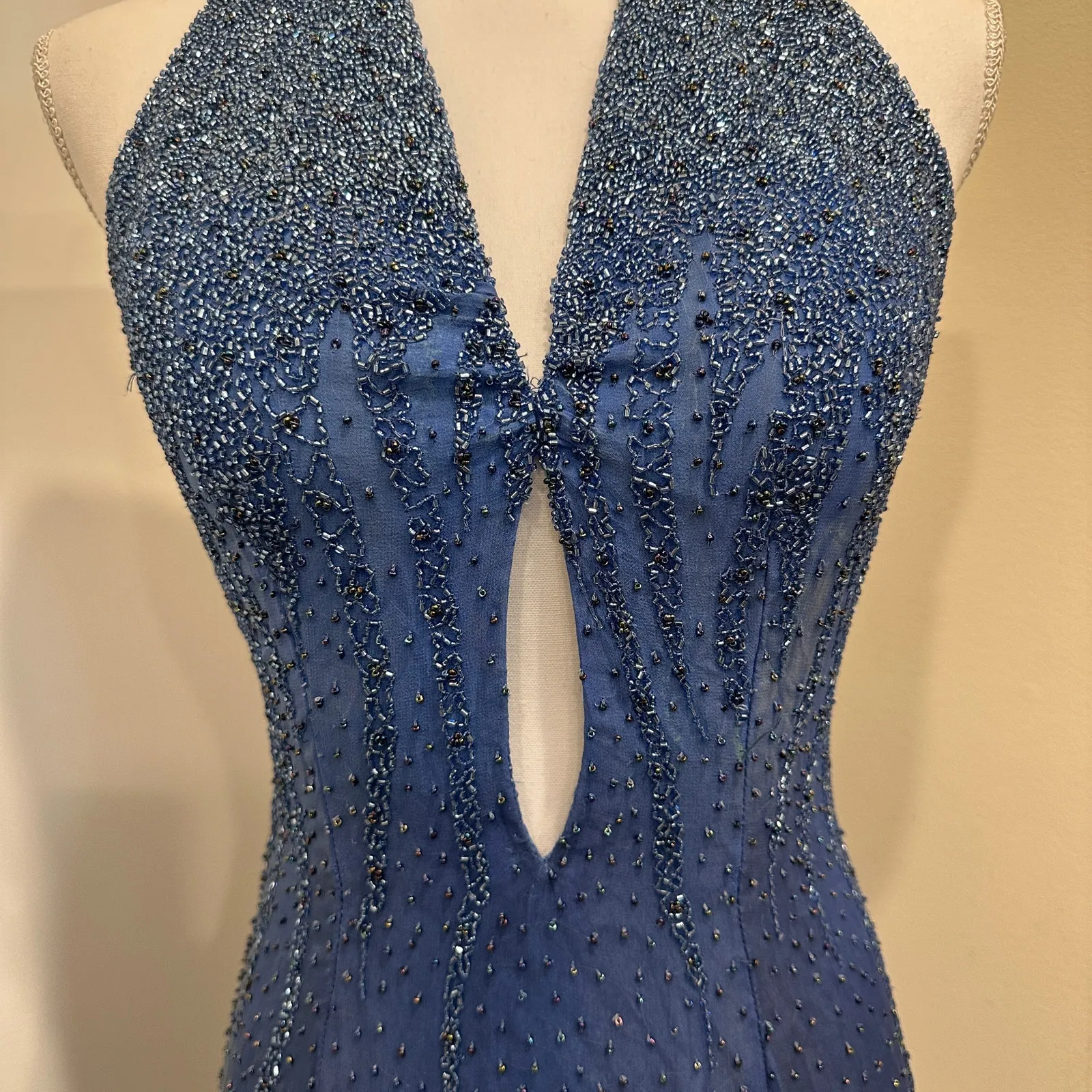 Vintage Y2K Silk Beaded Ombre Blue Halter Maxi Gown Mermaid Fairy Hoco Prom Glam - Image 5