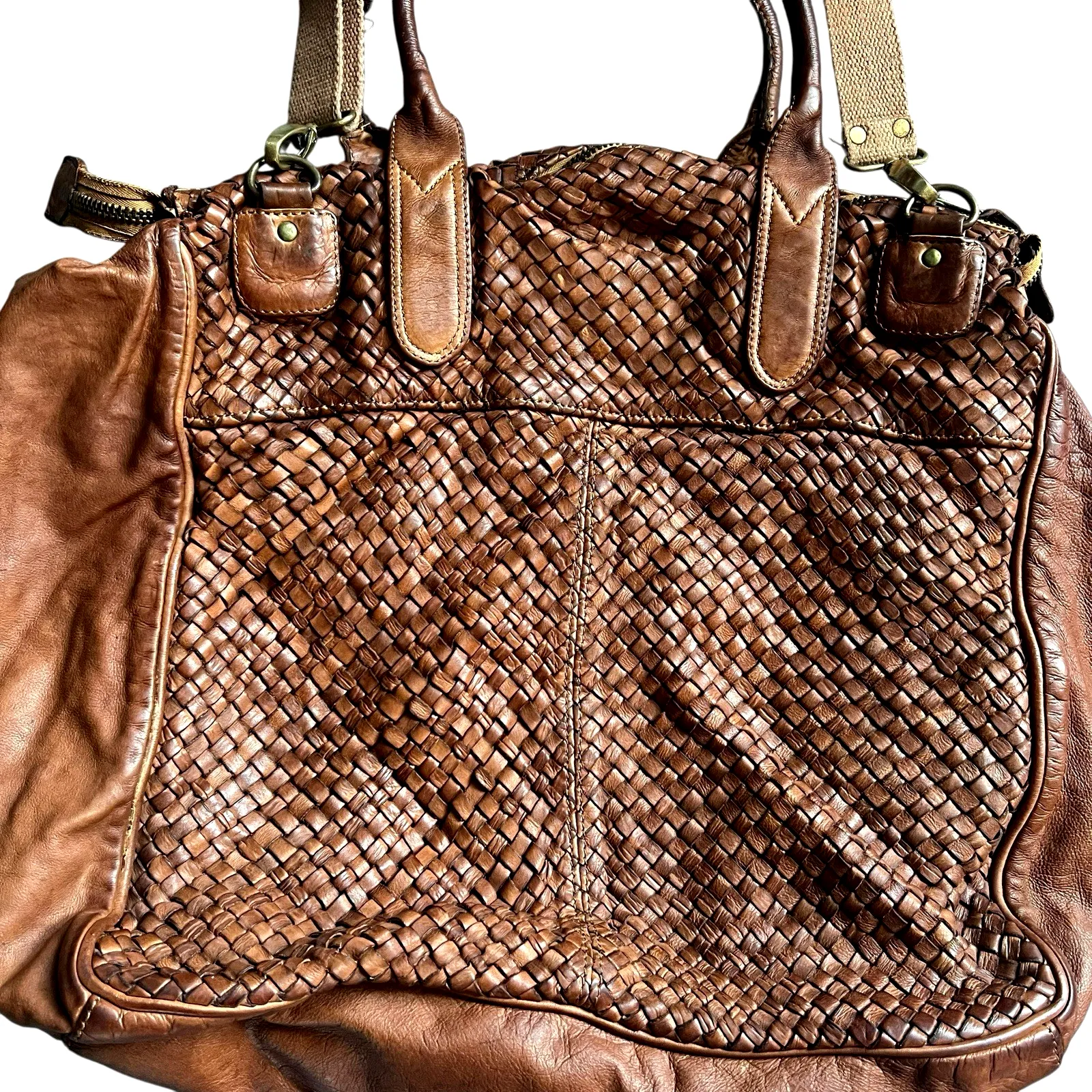 Bruno Magli Woven Leather Satchel Weekender Travel Bag Cognac Brown - Image 6