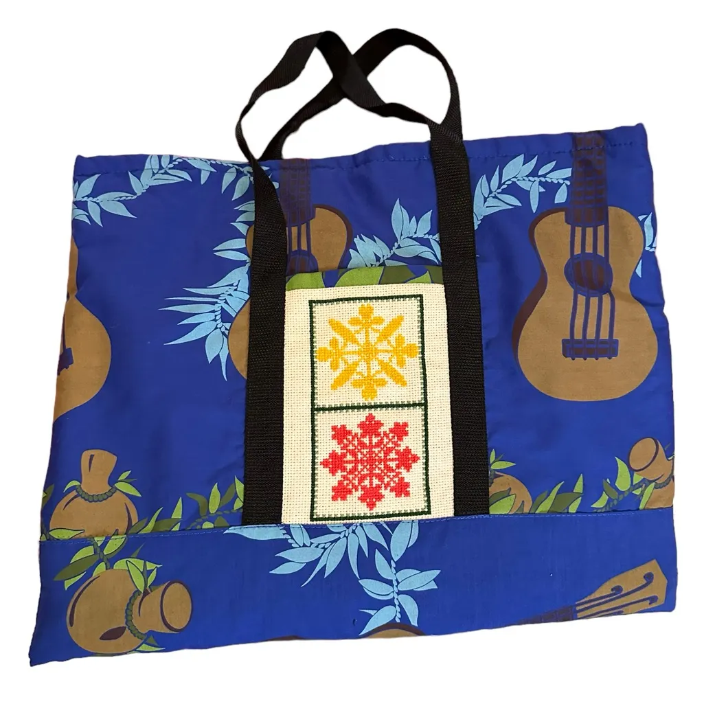 Handmade stitched Hawaiian Aloha 'Ukulele Flower print fabric Tote bag - Image 3