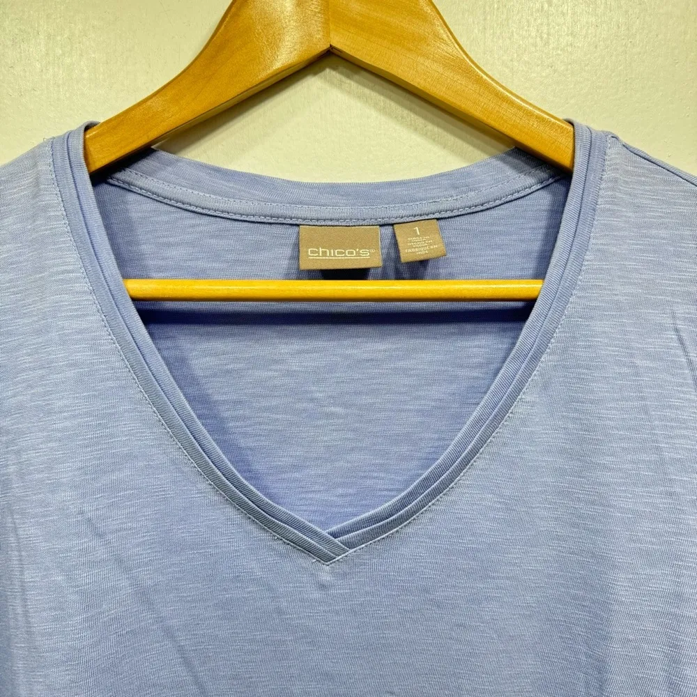 Chico’s Periwinkle Lavender Slub Knit Sheer Bottom Panel Flutter Hem Tunic 1/M - Image 8