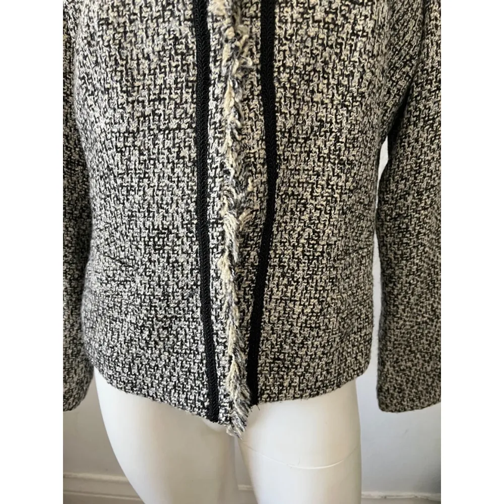 Vintage Van Heusen Studio Gray Black Tweed Fringe neckline Blazer Jacket Size L - Image 9