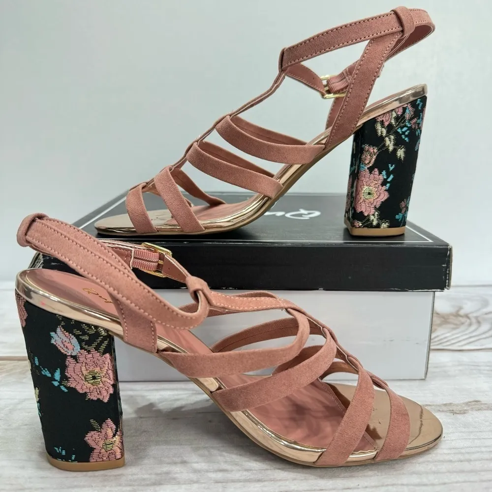 Mauve Faux Suede Strappy Sandals Embroidered Block Heels Qupid Pin Up Coquette - Image 2