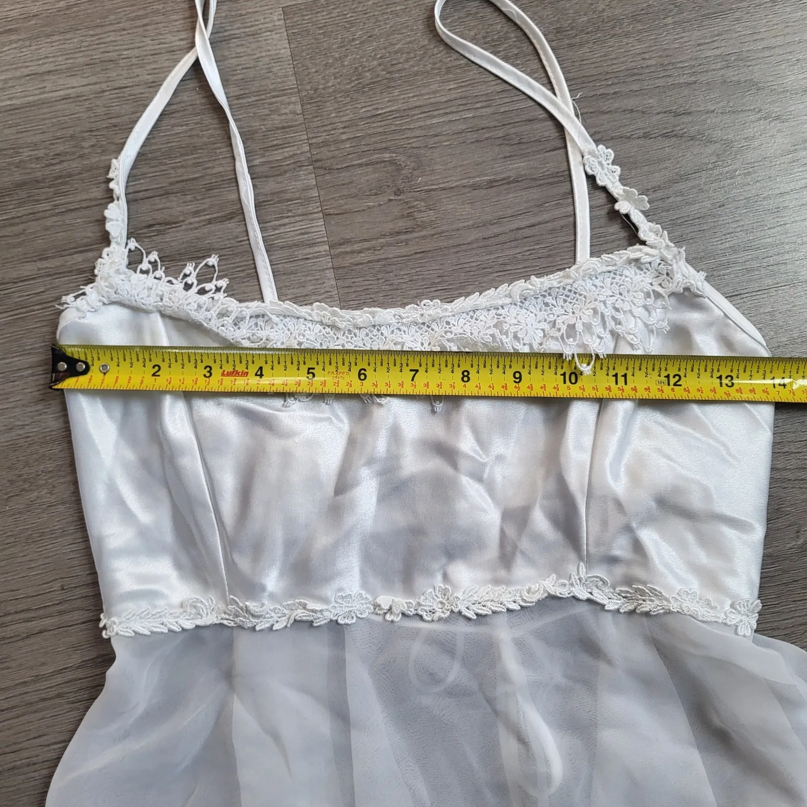 Vintage California Dynasty White Satin Lace Top Cami Fairy Sheer 80s Size Large - Image 6