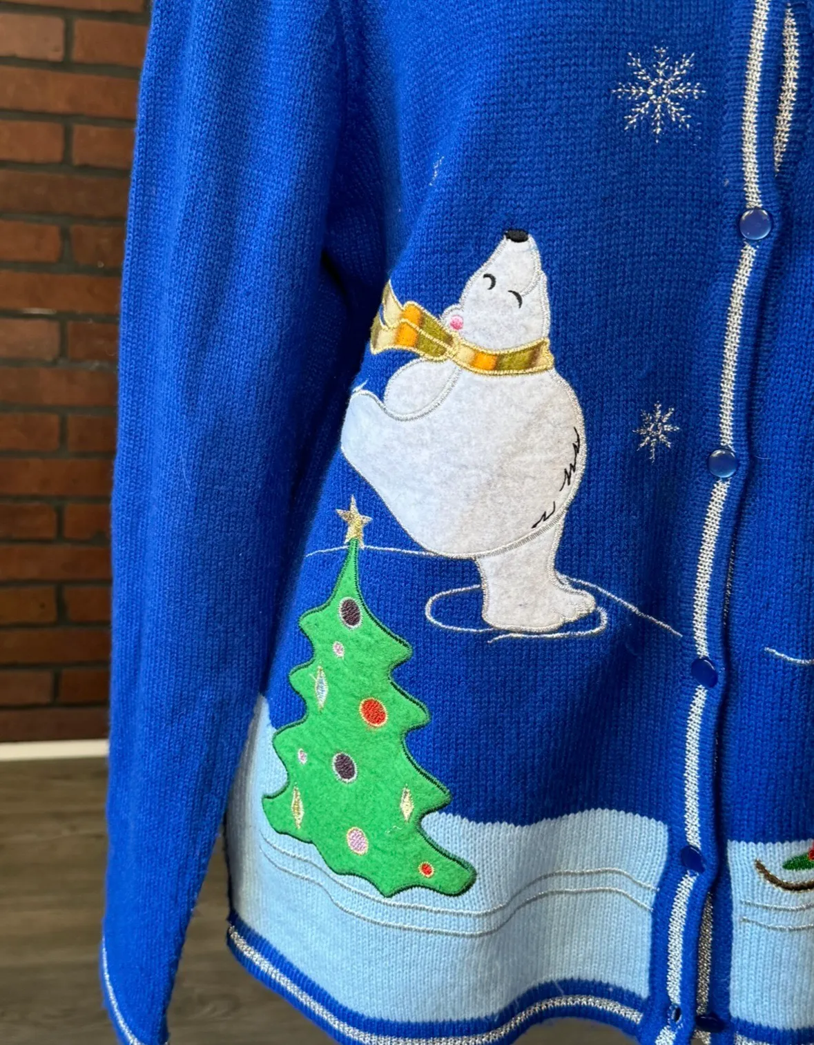 Polar Bear Christmas Cardigan Blue Size L - Image 3