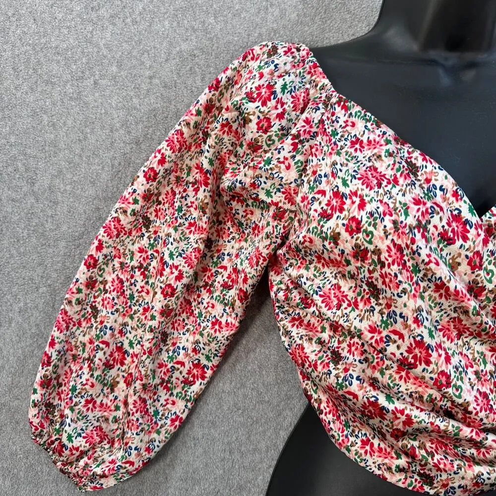 Kittenish Cropped Floral Wrap Blouse Women's X-Small Pink Box Balloon Sleeve - Image 2